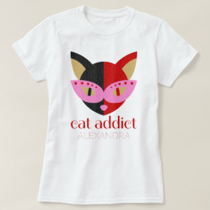 T-shirt Addict de chat mignon noir rouge rose Nom Customis