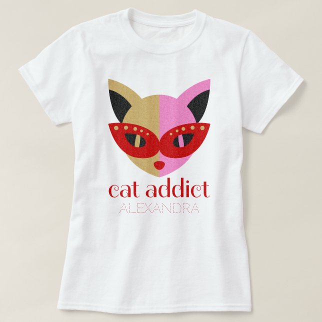 T-shirt Addict de chat mignon rouge rose Or Nom Customisé (Design devant)