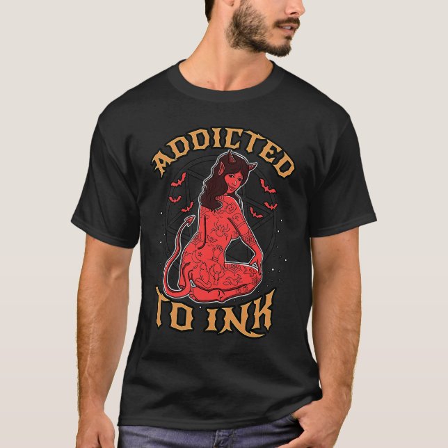 T-shirt Addicted To Ink Hail Satan Devil Girl Tattoo (Devant)