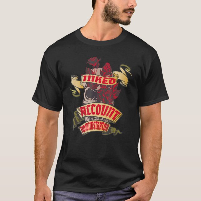 T-shirt Administrateur de compte Crâne tatoué et roses rou (Devant)