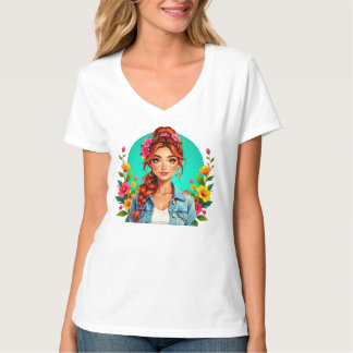 T-shirt Ado fille esthétique - Portrait de dessin floral