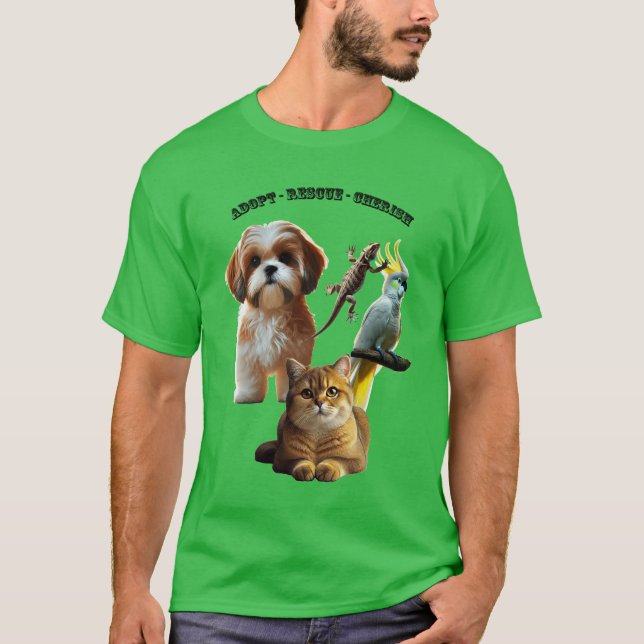 T-shirt Adoption d'animaux avec le chien, le chat, l'oisea (Devant)