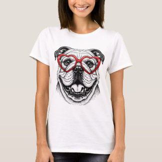 T-shirt Adorable Bulldog in Red Heart Glasses - Love Dog 