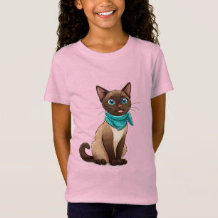 T-Shirt Adorable Chat Siamois Avec Bandana Turquoise