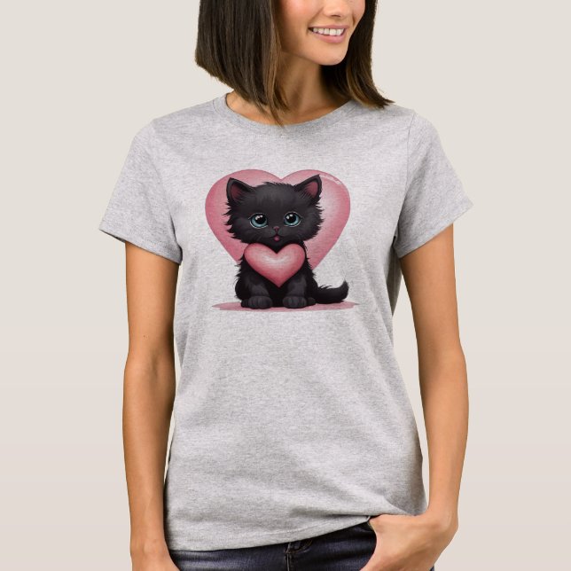 T-shirt Adorable chaton noir de la Saint-Valentin (Devant)