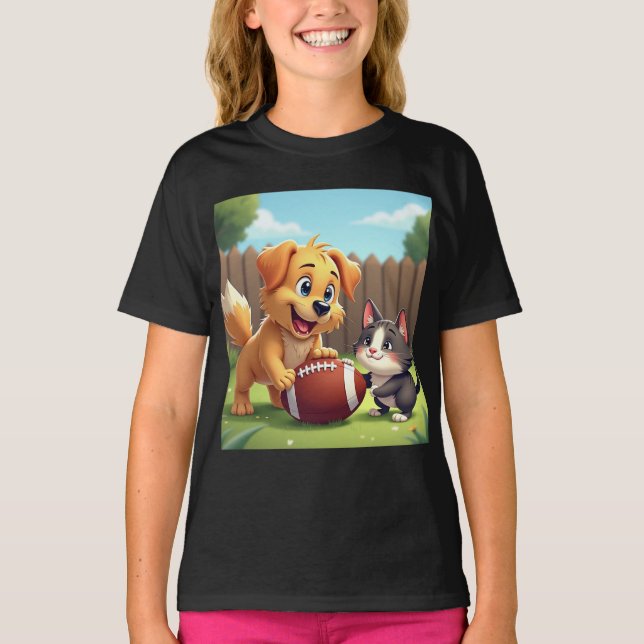 T-shirt Adorable Chien et Chat Jouer avec un football (Devant)