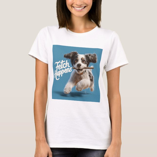T-shirt Adorable Chiot Mid-Air Courir avec un bâton (Devant)