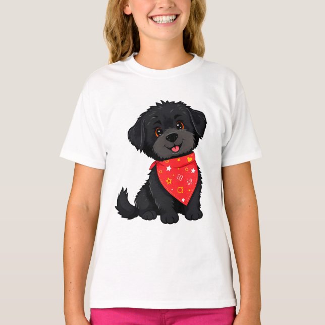 T-shirt Adorable Chiot noir portant une Bandana rouge (Devant)