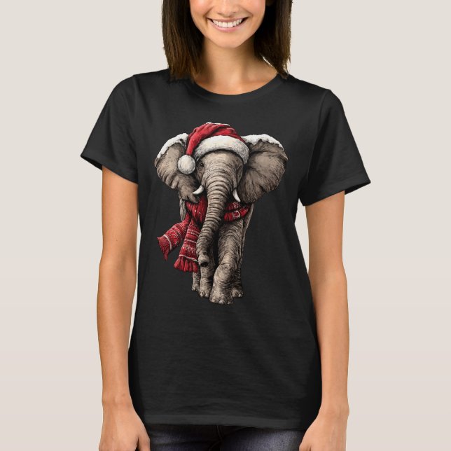 T-shirt Adorable Elephant In Santa Hat Snowy Winter Christ (Devant)