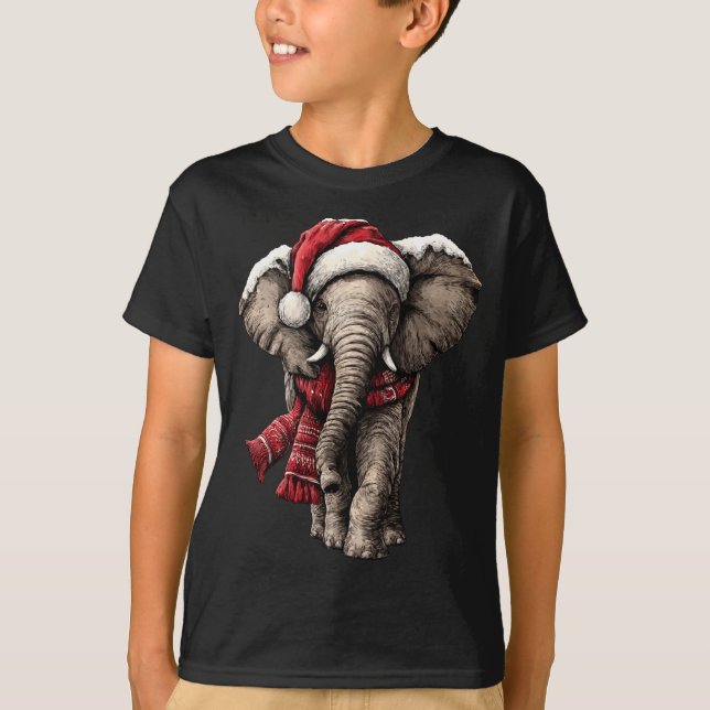T-shirt Adorable Elephant In Santa Hat Snowy Winter Christ (Devant)