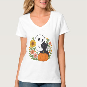 T-shirt Adorable Fantôme et Chat Noir Chute mignonne Hallo