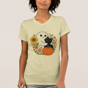 T-shirt Adorable Fantôme et Chat Noir Chute mignonne Hallo