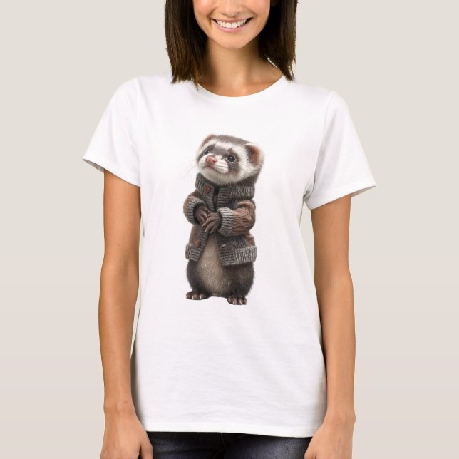 T-shirt Adorable Ferret in Knitted Brown Cardigan (Devant)
