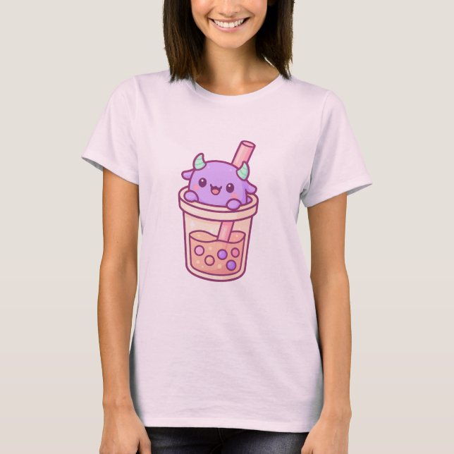 T-shirt Adorable Kawaii Monster with Rainbow Bubble Tea (Devant)
