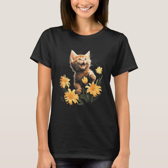 T-shirt Adorable Kitten Jouer Dans Daffodils Graphique Pou (Devant)