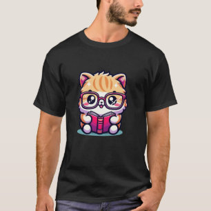 T-shirt Adorable Livre Chat Perse Lover Avec Verre De Lect