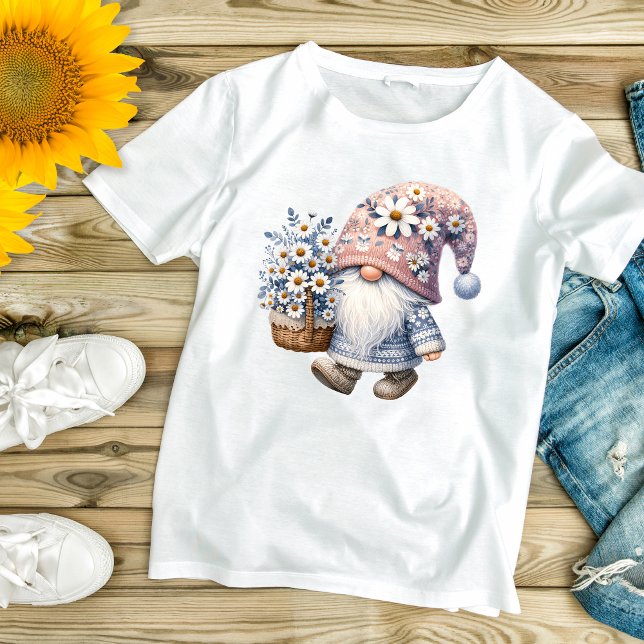 T-shirt Adorable mignonne Fleur de marguerite Gnome femmes (Daisy Flowers Gnome Women's T-shirt in Gray and White.)