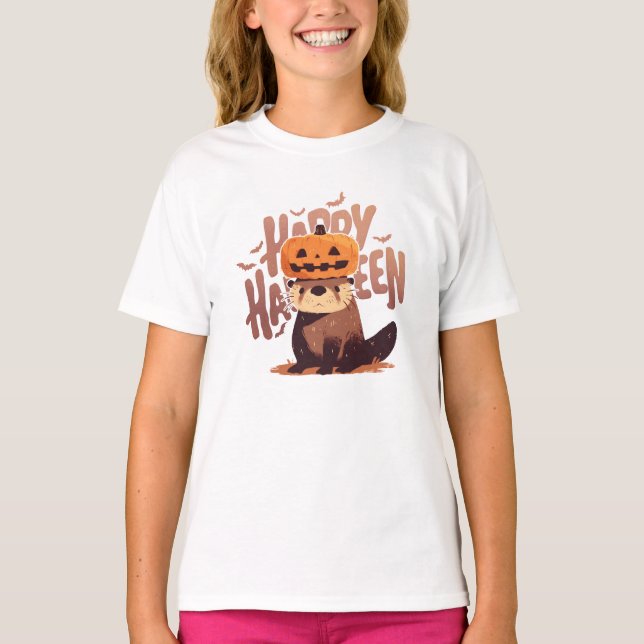 T-shirt Adorable Otter avec Casquette Citrouille - Happy H (Devant)