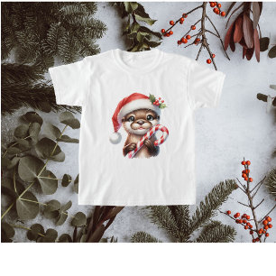T-shirt Adorable Otter de Noël à Santa Hat avec bonbon