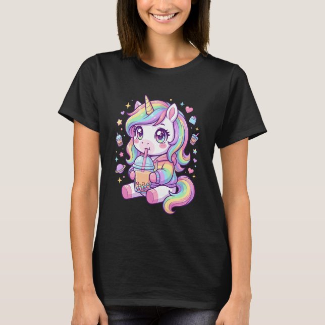 T-shirt Adorable Pastel Unicorn Drinking Boba Art Kawaii P (Devant)