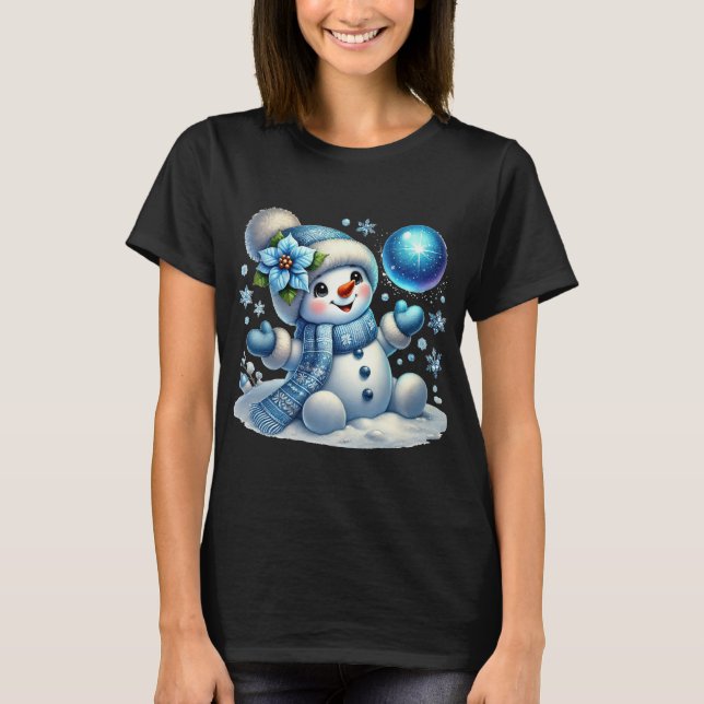 T-shirt Adorable Snowman d'hiver avec Bleu Scarf et Snowfl (Devant)
