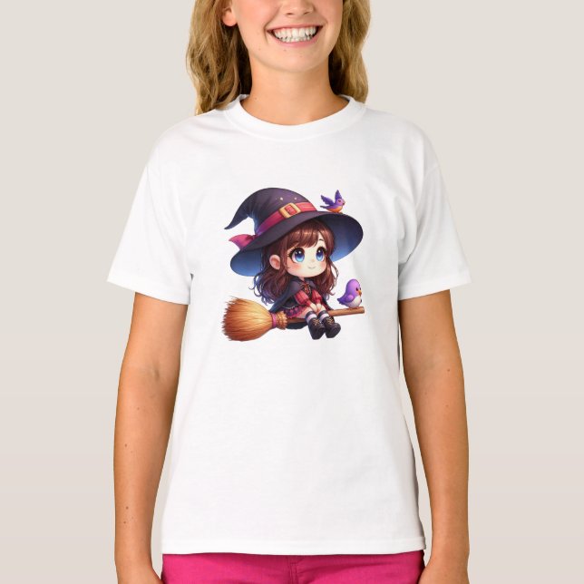 T-shirt Adorable sorcière mignonne avec 2 oiseaux, Hallowe (Devant)