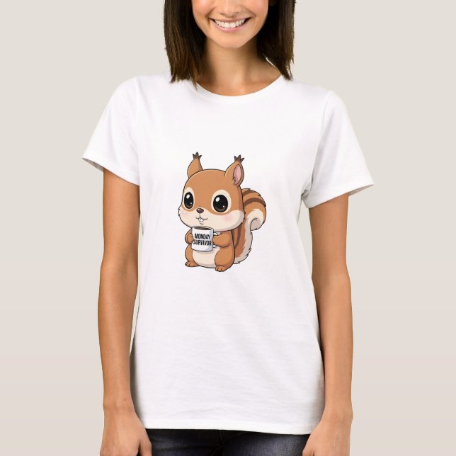 T-shirt Adorable Squirrel Holding “Monday Survivor” Mug (Devant)