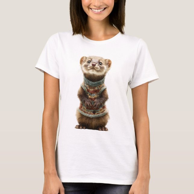 T-shirt Adorable Weasel wearing a Knitted Sweater (Devant)