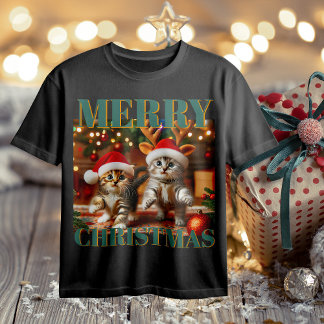 T-shirt Adorables chatons avec le Père Noël et chapeaux de