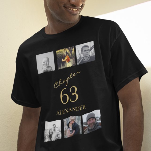 T-shirt Adulte 6 Photo Noir Et Or N'Importe Quel Âge Anniv (Black and gold birthday t-shirt with 6 photo template. )