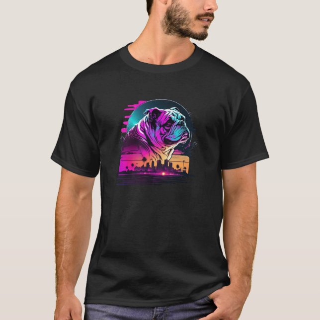 T-shirt Aesthetic Bulldog Party with 80s Retrowave (Devant)