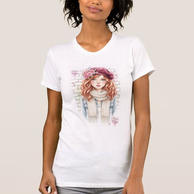 T-shirt Aesthetic Floral Beret Girl Watercolor  (Devant)