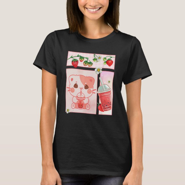 T-shirt Aesthetic Harajuku Cute Cat Drink Strawberry Boba  (Devant)