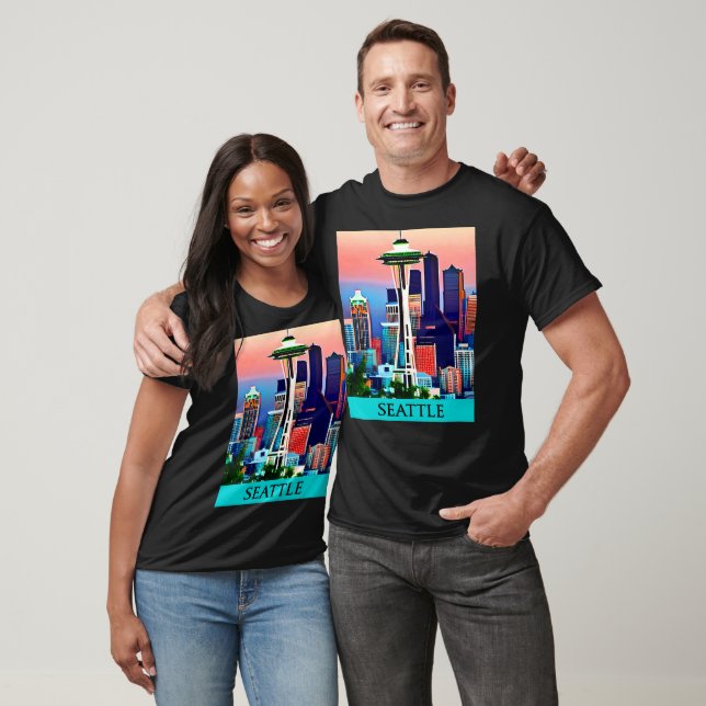 T-shirt Affiche de voyage de Seattle sous un ciel d'aube (Unisexe)