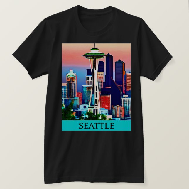 T-shirt Affiche de voyage de Seattle sous un ciel d'aube (Design devant)