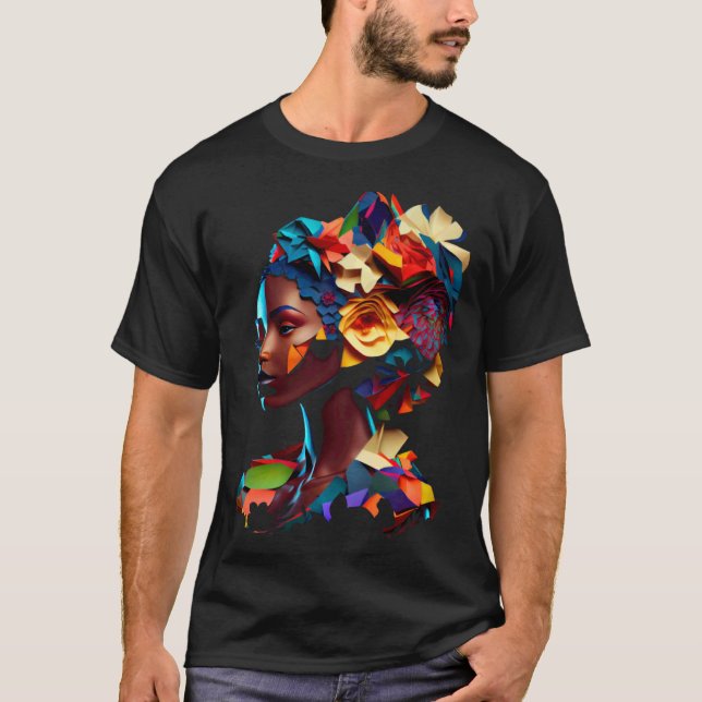 T-shirt African Abstract Beautiful Origami Black Queen Flo (Devant)