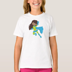 T-shirt African American Girl, Superhero Girl, Blue Cape