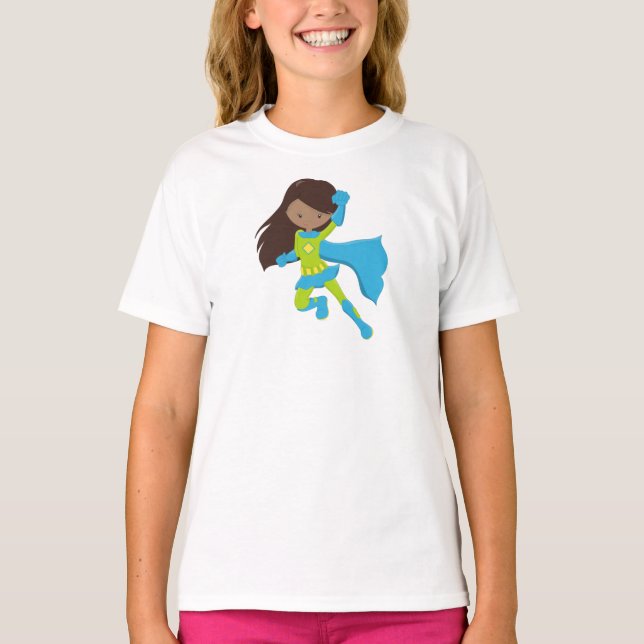 T-shirt African American Girl, Superhero Girl, Blue Cape (Devant)