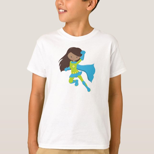 T-shirt African American Girl, Superhero Girl, Blue Cape (Devant)