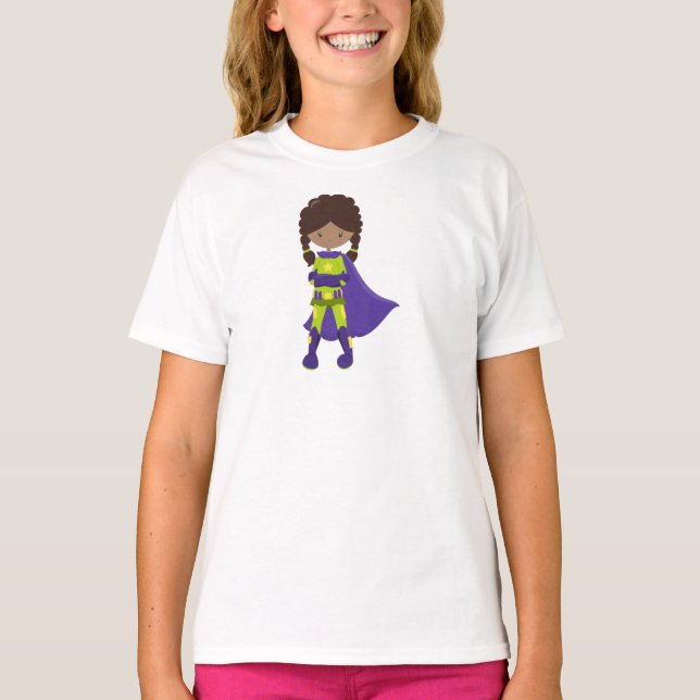 T-shirt African American Girl, Superhero Girl, Purple Cape (Devant)