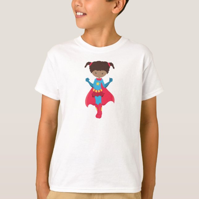 T-shirt African American Girl, Superhero Girl, Red Cape (Devant)