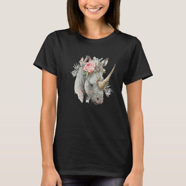 T-shirt African Watercolor Rhinozeros Flower Crown Safari  (Devant)