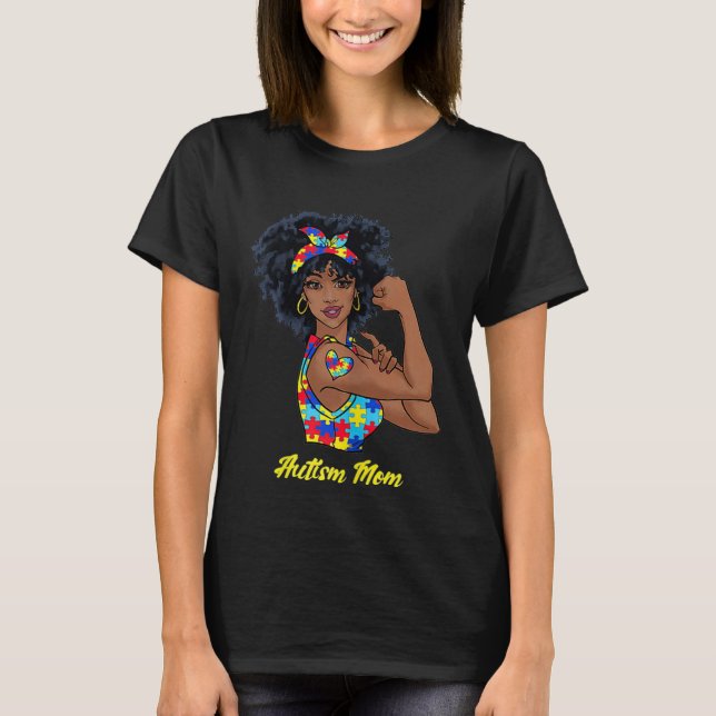 T-shirt Afro Black Woman Autism Mom Awareness Tattoo Jigsa (Devant)