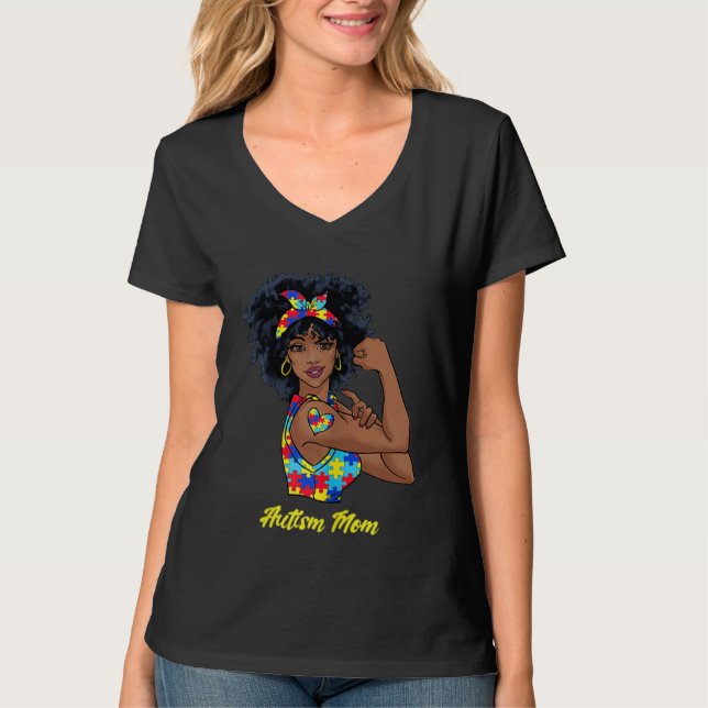 T-shirt Afro Black Woman Autism Mom Awareness Tattoo Jigsa (Devant)