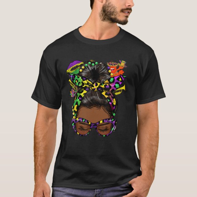 T-shirt Afro Messy Bun Happy Mardi Gras Black Women Carniv (Devant)