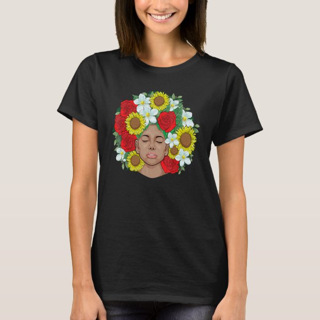 T-shirt Afro Natural Black Hair Kind Pride Melanin Flowers (Devant)