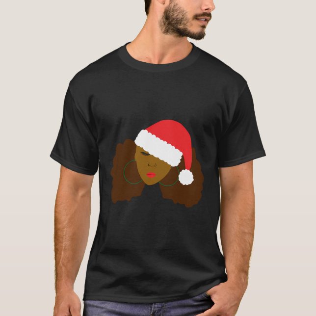 T-shirt Afro Puff Girl Santa Hat naturel cheveux Noël (Devant)