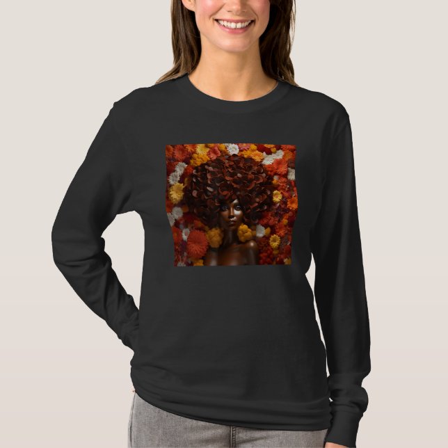 T-shirt Afro Woman Floral Black Queen Puff Melanin Autumn  (Devant)
