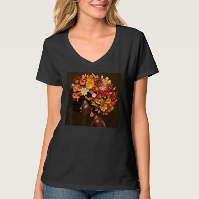 T-shirt Afro Woman Floral Black Queen Puff Melanin Magic F (Devant)