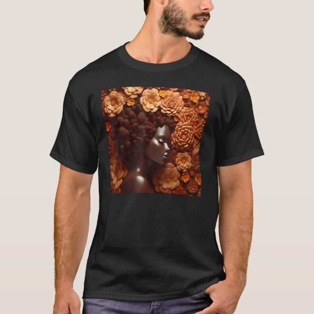 T-shirt Afro Woman Floral Black Queen Puff Melanin Magic O (Devant)